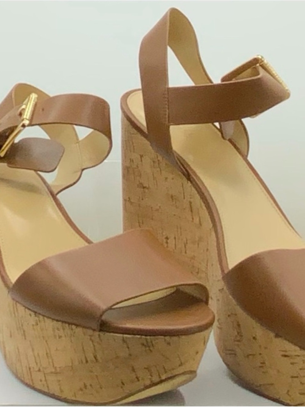 Michael Kors Brown Leather Cork Platform Wedge Sandals